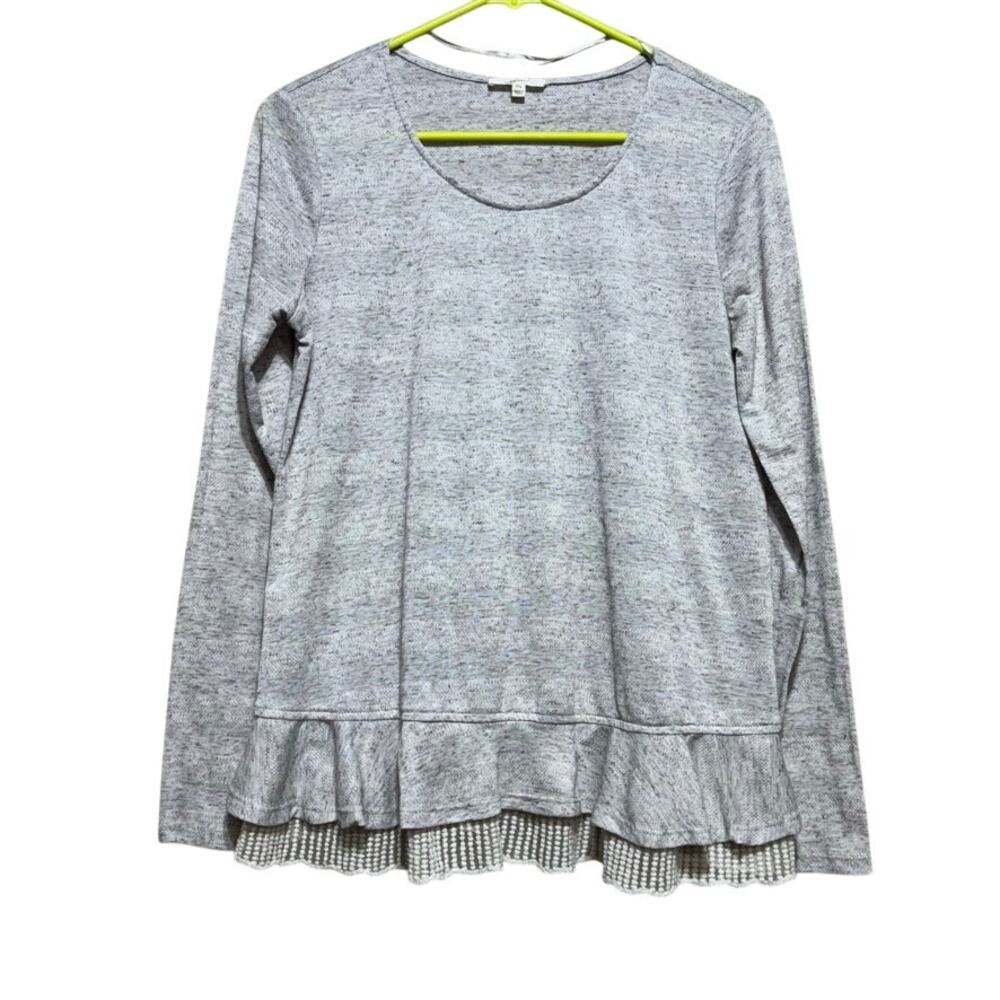 Mystree Women's Gray Lace Trim Textured Long Sleeve Shirt Size M
